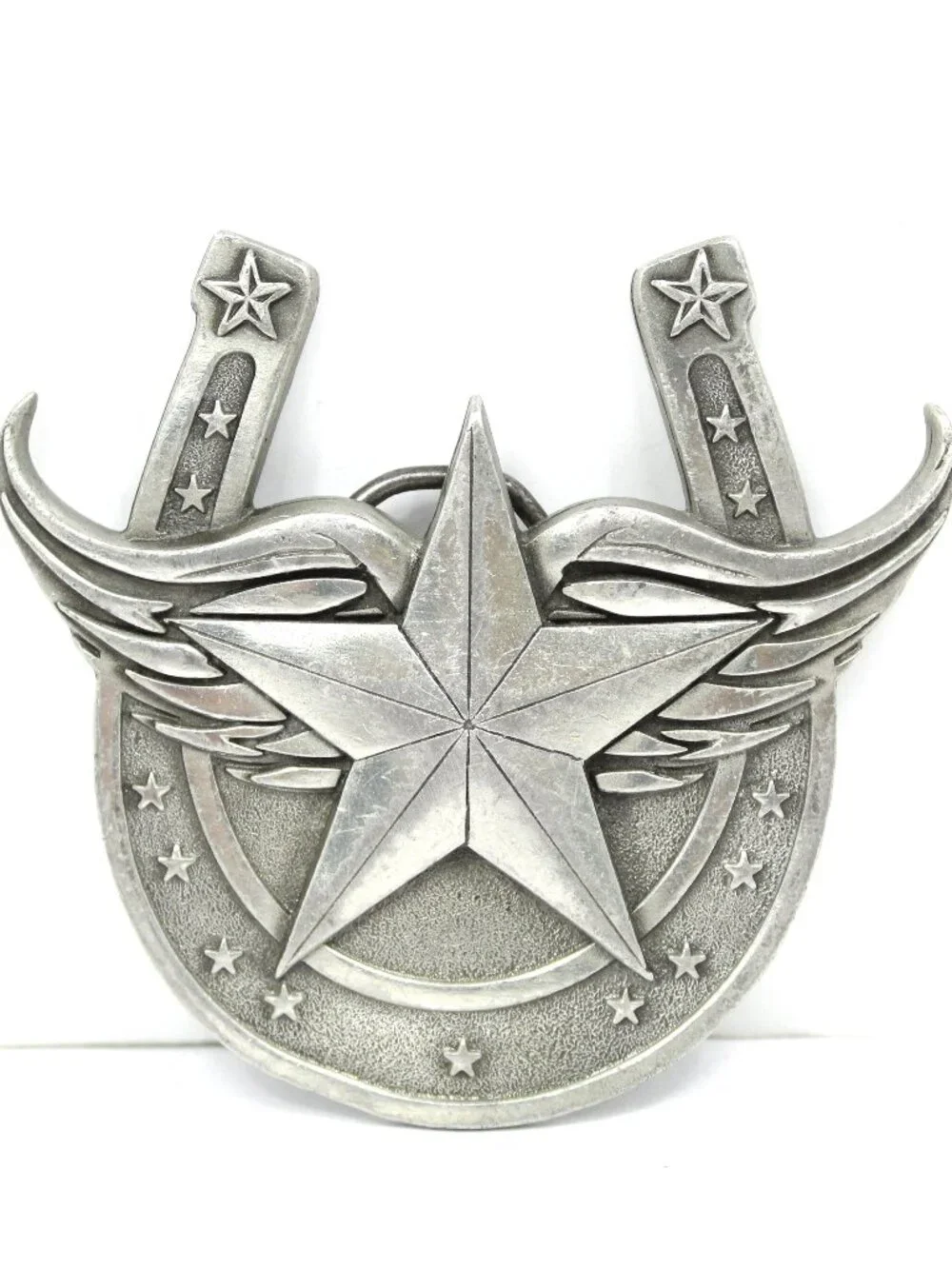 GREAT AMERICAN BUCKLE CO- WINGED LONE STAR & HORSESHOE PEWTER BELT BUCKLE #4636